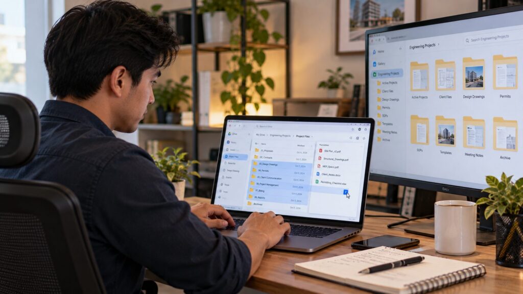 Engineering firm executive assistant organizing project folders in a cloud drive on a laptop and monitor
