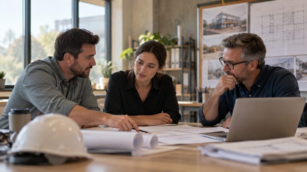 Engineering firm owner and team reviewing project plans at a table with a hard hat