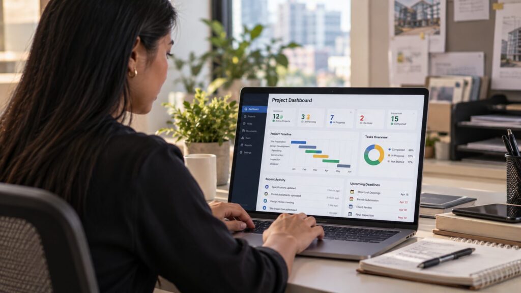 Executive assistant updating a project admin dashboard on a laptop