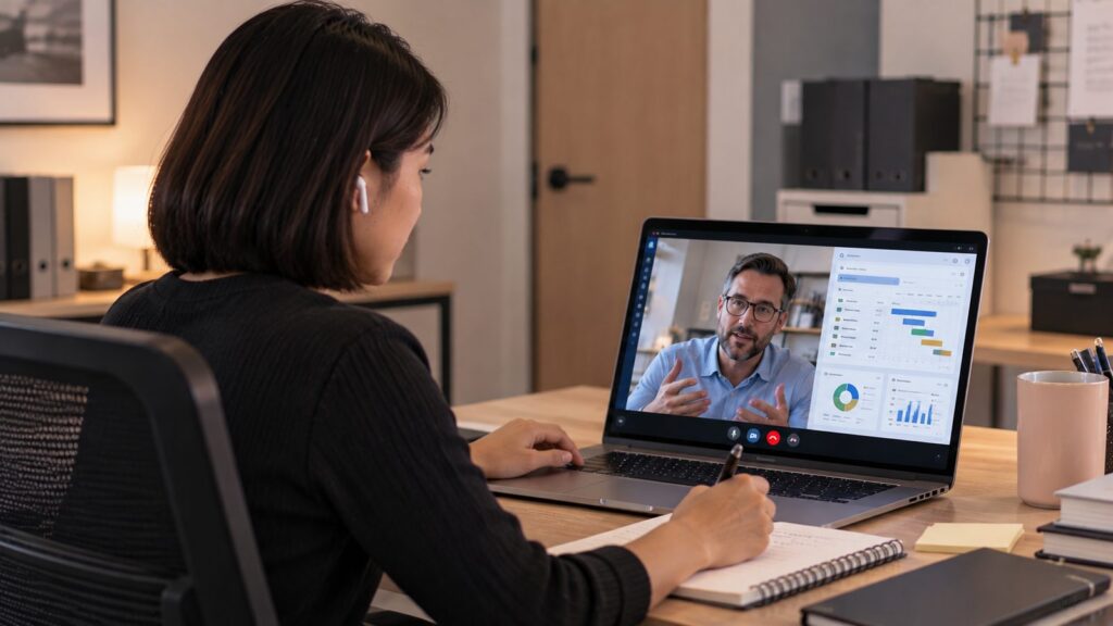 Offshore executive assistant on a video call taking notes
